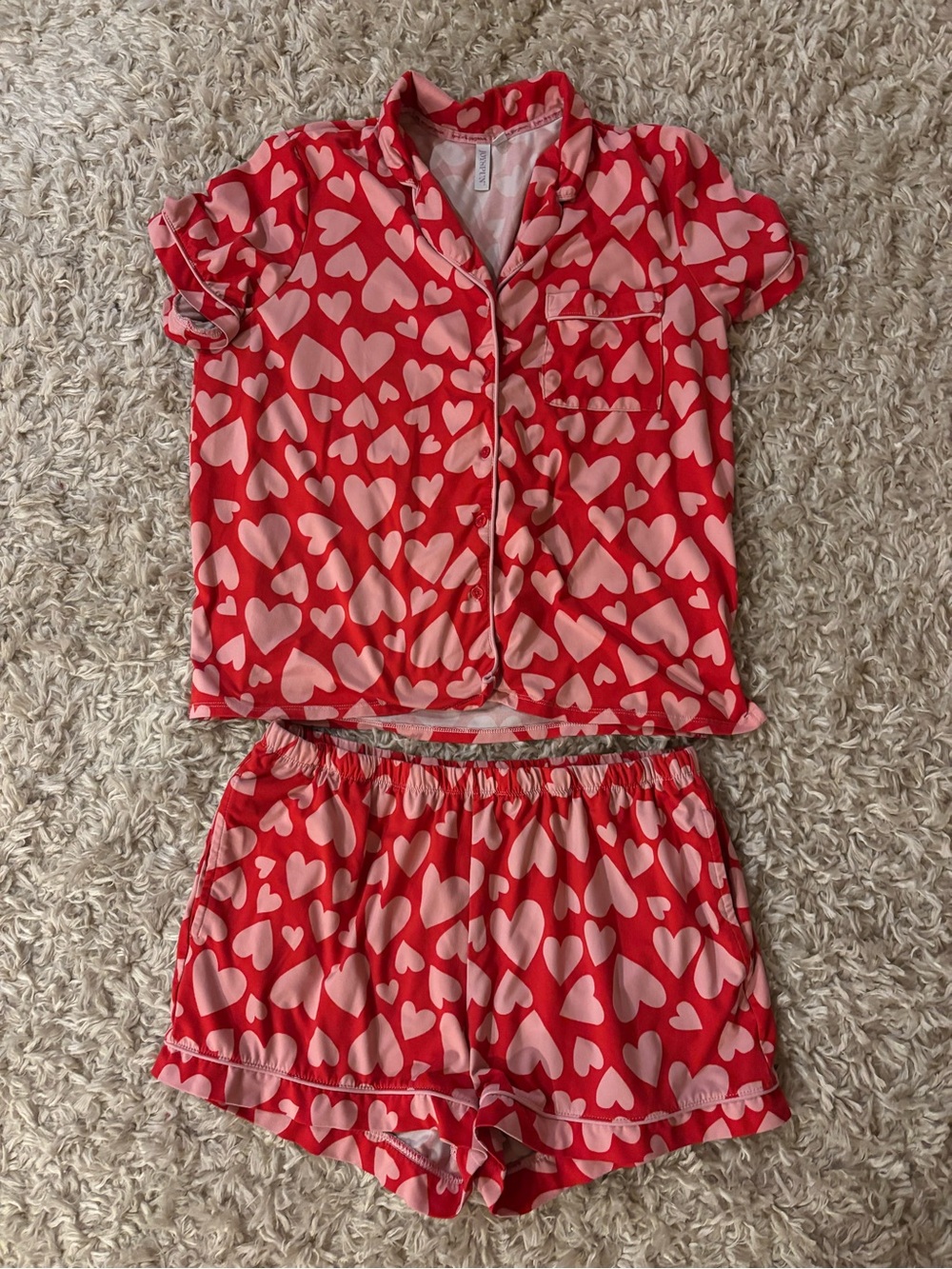 Joyspun Heart Print Pajama Set Pink Red Button Front Shorts Set Large